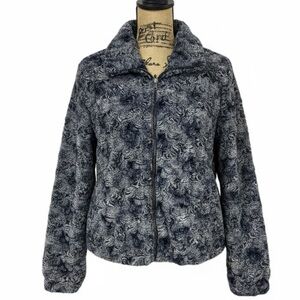 Johnny Was Rosaline Faux Fur Bomber Jacket Full Zip Silk Lined Blue Size Small